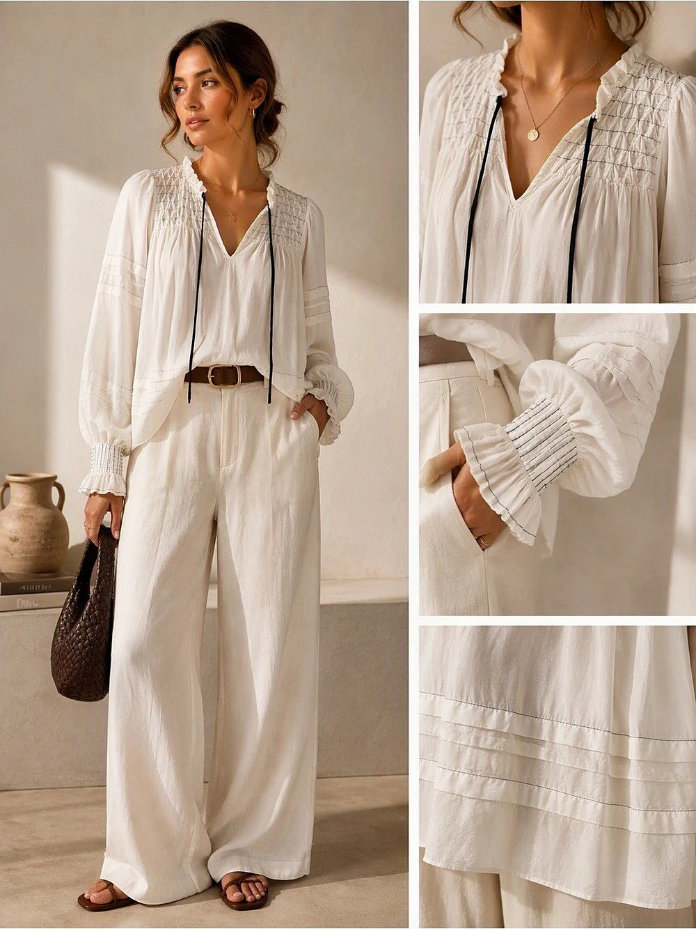 Anthropologie Smocked White Blouse Size Medium